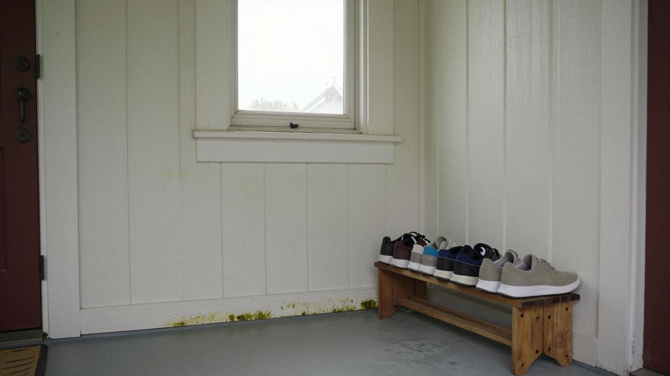 Small wooden shoe rack with various trainers near a window in a white-paneled room.