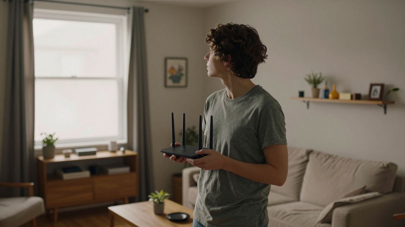 Person holding a wifi router in a cosy living room with a sofa, shelf, and window.