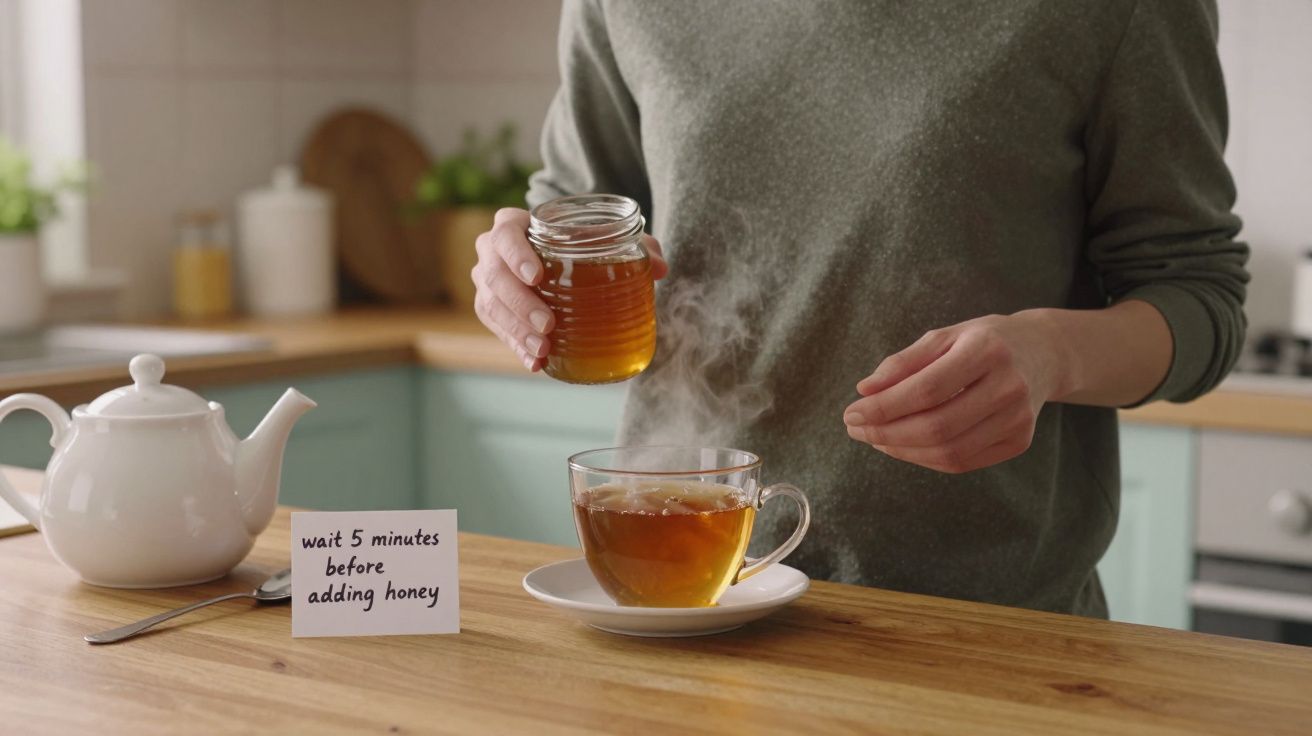 Person holding honey jar to add to steaming tea, sign reads "wait 5 minutes before adding honey" next to teapot.