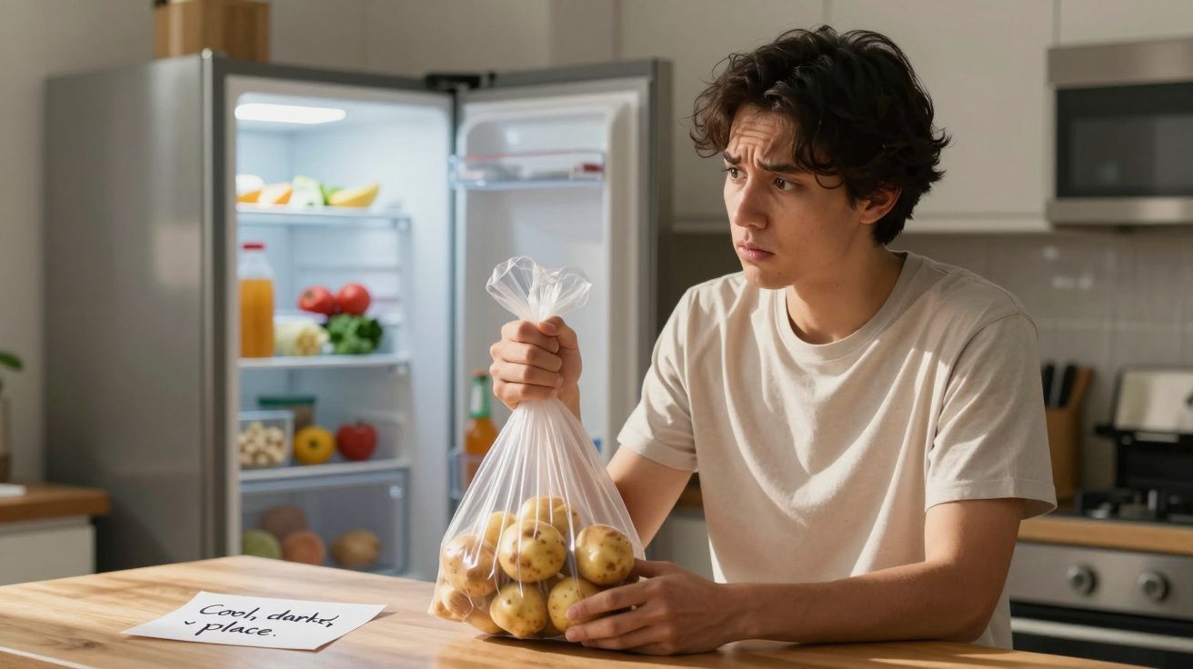 Young man holding a bag of potatoes looks confused, sitting at a kitchen counter with open fridge in the background.