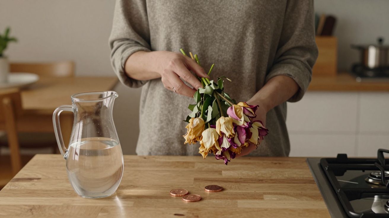 Person arranging wilted flowers by jug of water on kitchen counter with copper coins nearby.