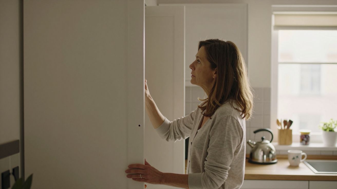 Woman in a kitchen reaching to open a cupboard door, with a kettle and plants visible on the worktop.