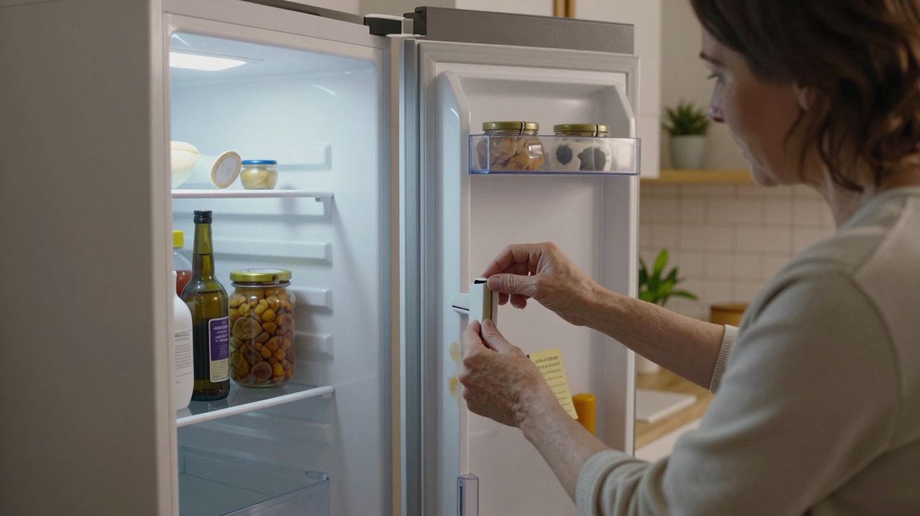 Woman placing a note on an open fridge door, with snacks and bottles inside, in a modern kitchen setting.