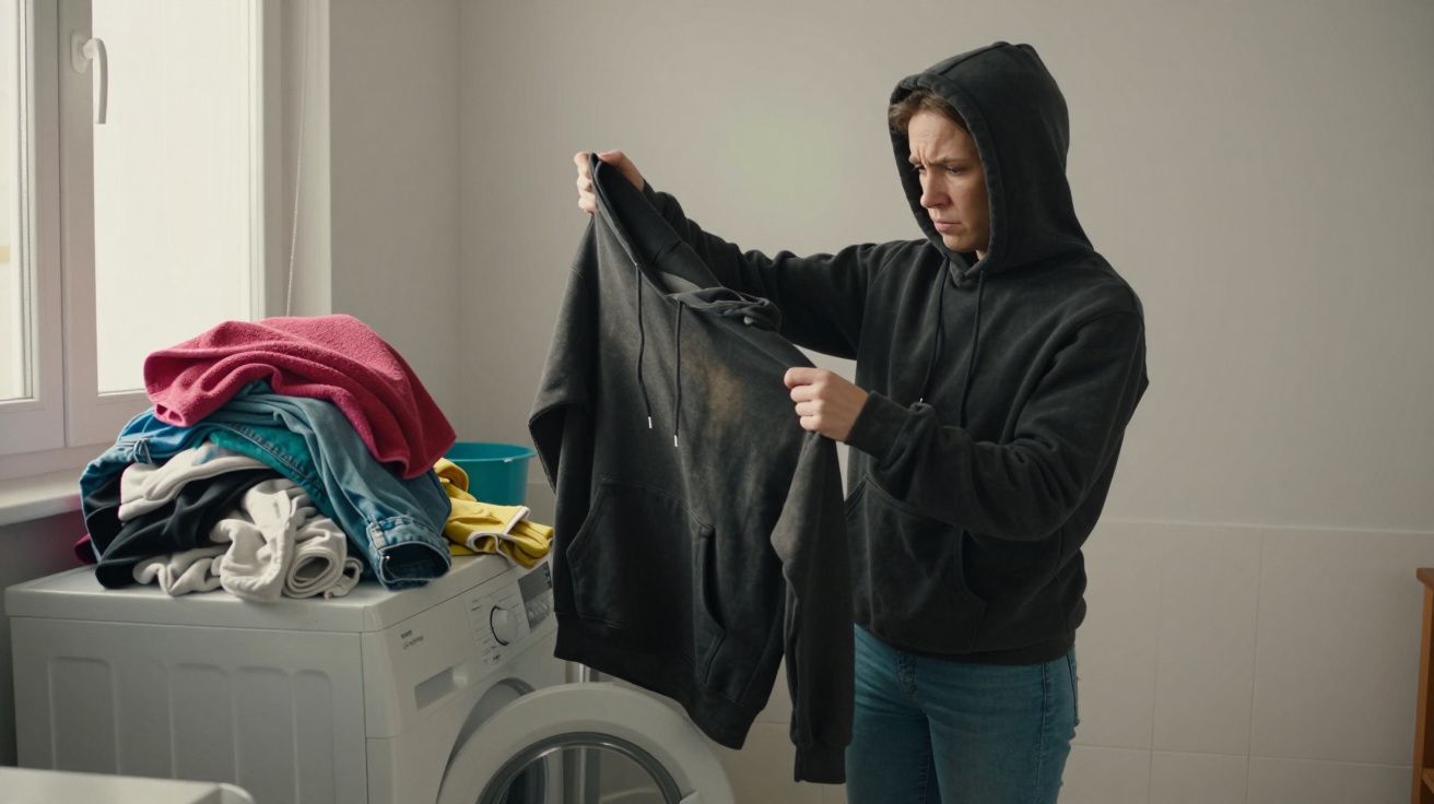 Person in a laundry room looks at a black hoodie with concern; a pile of clothes sits on a washing machine.