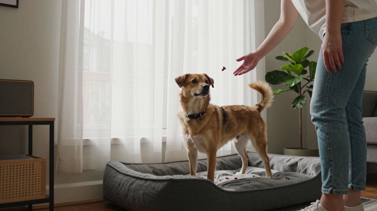 A dog on a grey bed indoors looks at treats tossed by a person in blue jeans beside a large window with white curtains.