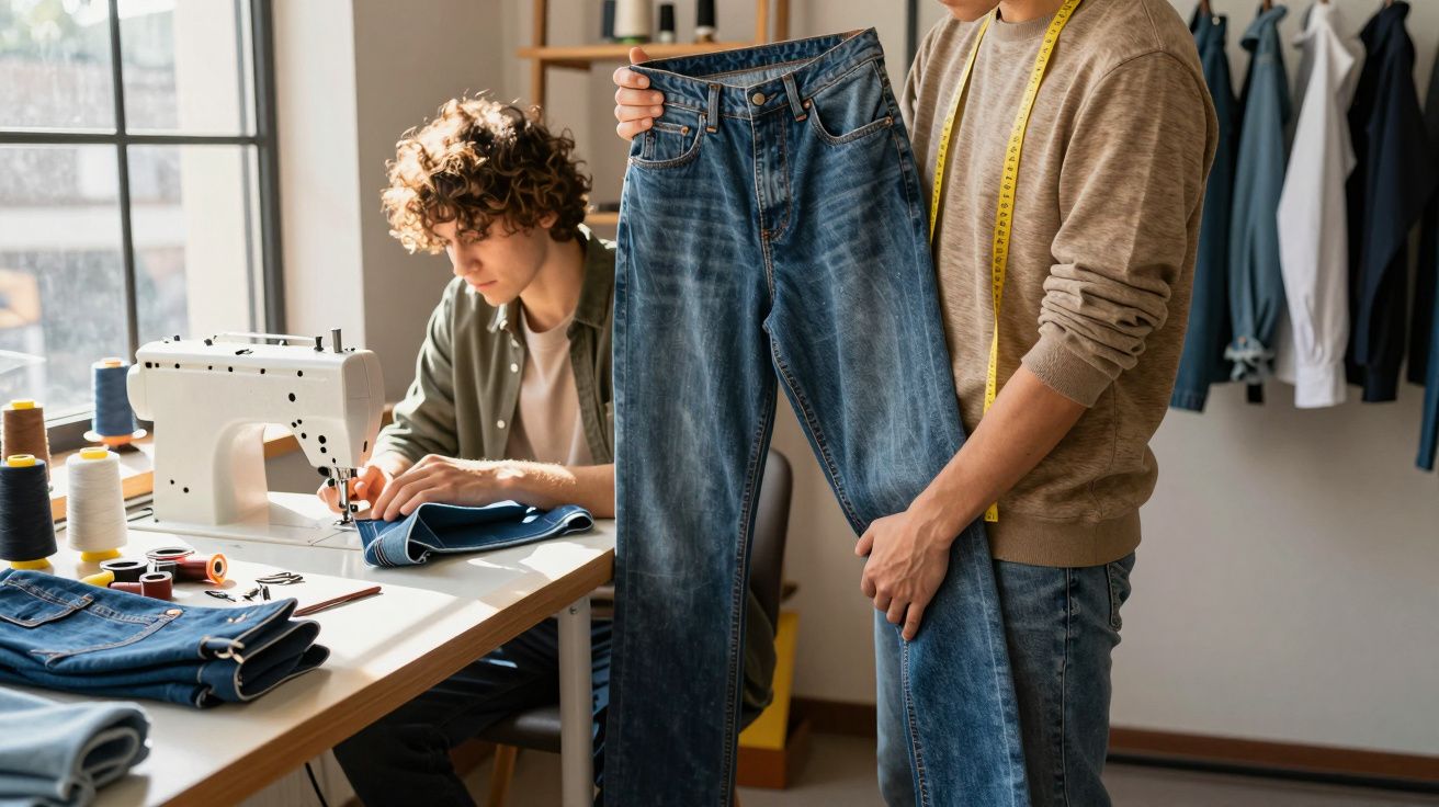 Two people work in a tailoring studio; one sews at a machine, while the other holds a pair of jeans.