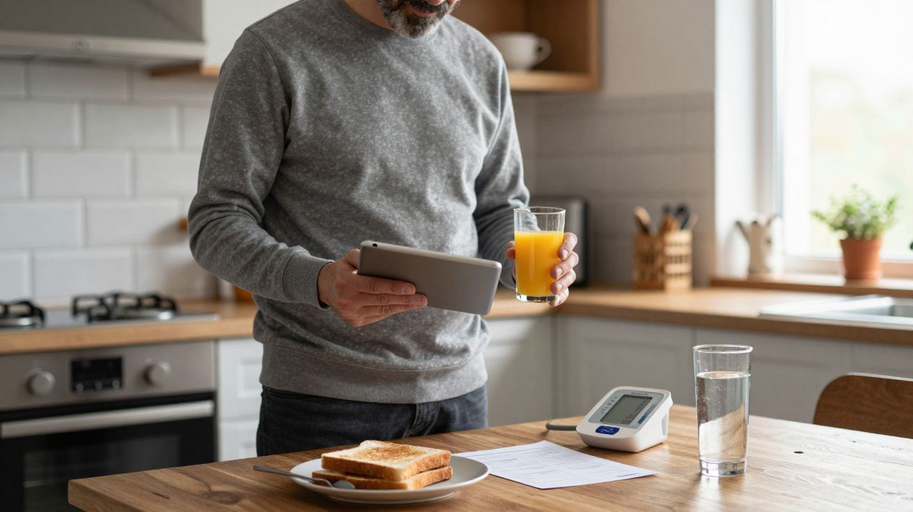 Man in kitchen holding tablet and orange juice, with toast, glass of water, and blood pressure monitor on table.