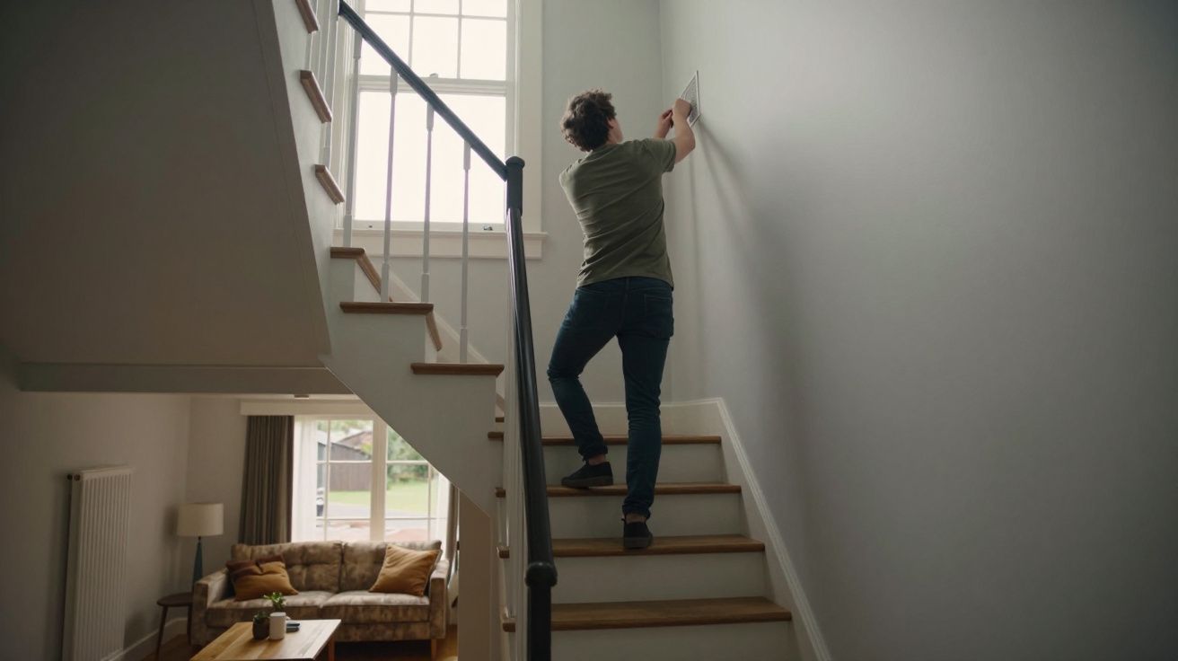 Person installs a device on a stairway wall, with a living room visible below featuring a sofa and coffee table.
