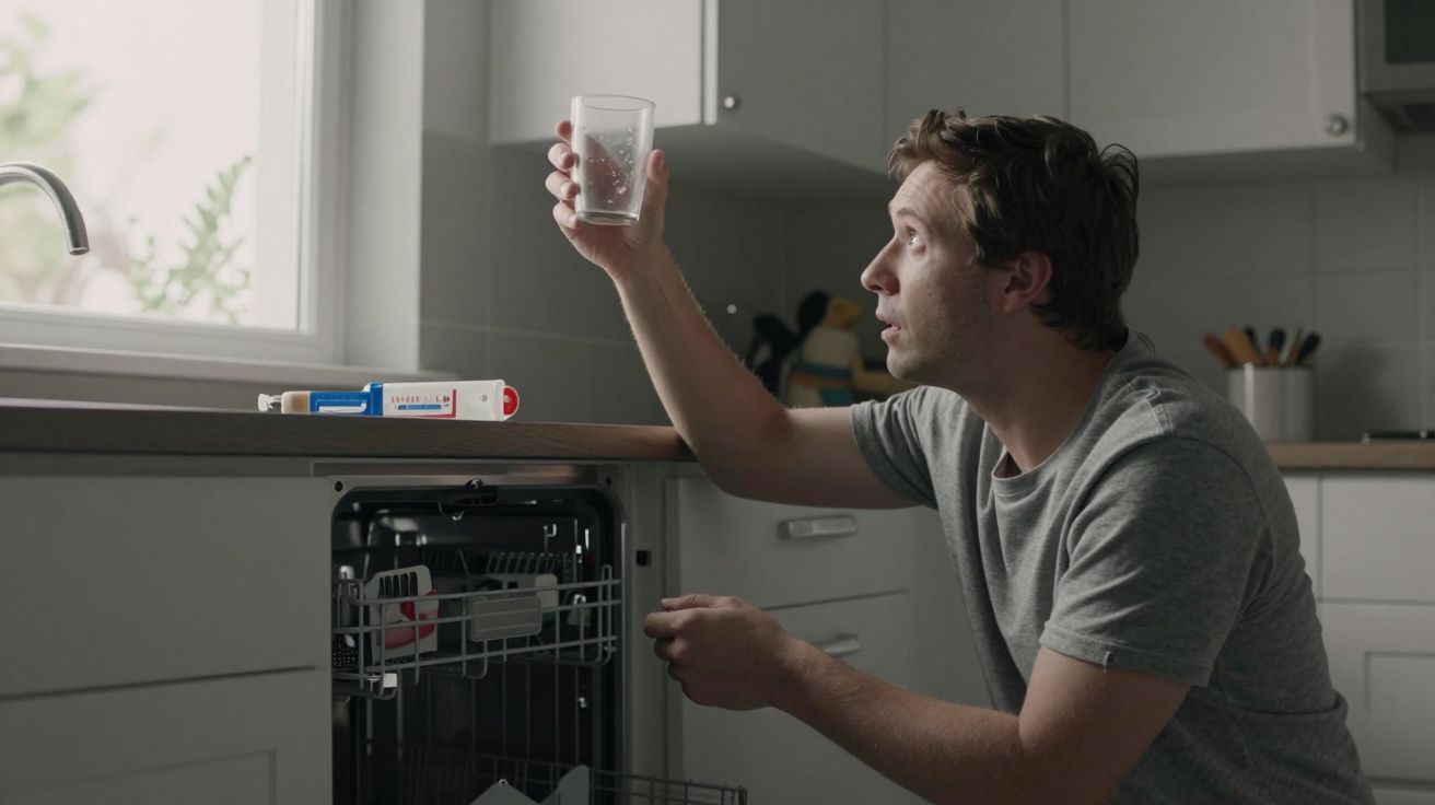 Man checks a glass from open dishwasher, holding it up to light, in a modern kitchen with a countertop and window.