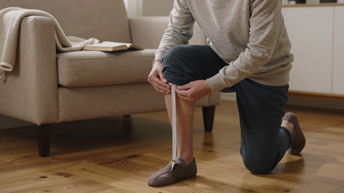 Person kneeling on floor, measuring leg with a tape measure, near a beige sofa and open book.