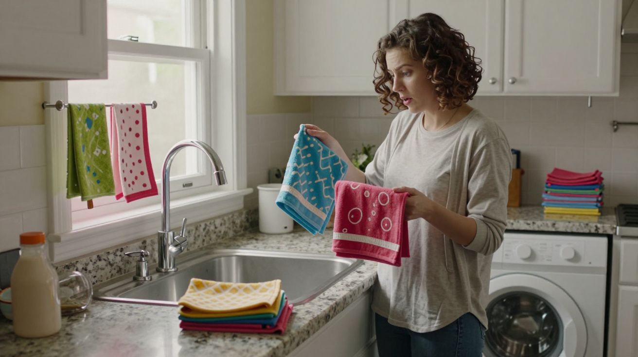Woman in kitchen holding colourful dish towels, with more towels on the counter and a washing machine in the background.